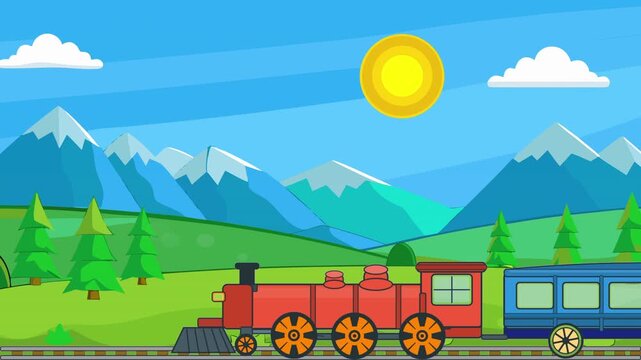 Red steam locomotive pulling blue passenger car travels on railway tracks through green hills with pine trees and snow-capped mountains under sunny blue sky with clouds.