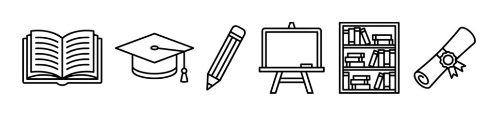 Fototapeta premium Set of black line art education icons including a book, graduation cap, pencil, chalkboard, bookshelf, and diploma representing learning, knowledge, and academic achievement