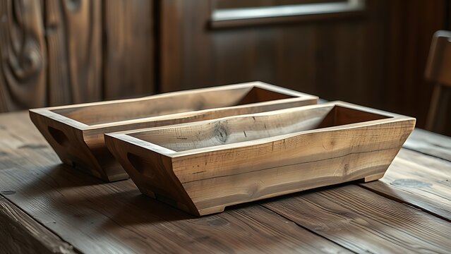 trenchers. Three empty wooden bowls on a rustic table with visible wood grain. menu design, packaging mockups, designed for food delivery and cloud-kitchen brand materials, used by web designers.