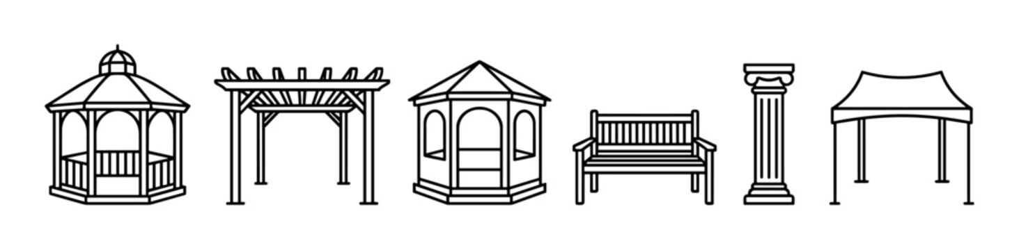 Set of garden structure line icons featuring a gazebo, pergola, park bench, architectural column, and canopy tent in a clean, minimalist black and white vector style