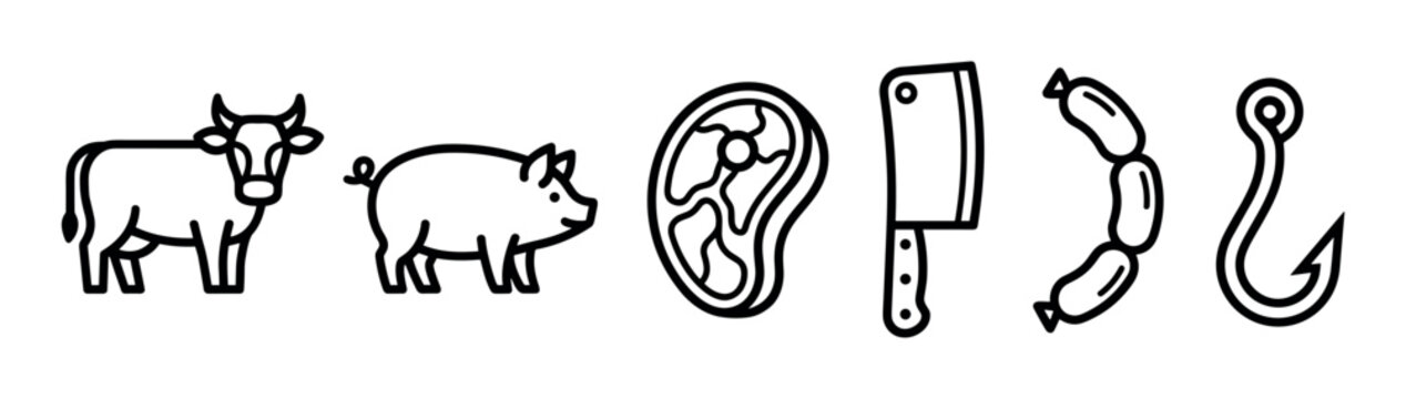 Set of black line icons representing butchery and meat products with a cow, pig, steak, cleaver, sausage, and hook in a minimalist graphic style
