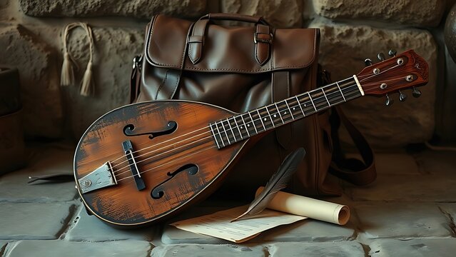 lute. A weathered lute resting against a travel pack with a feather and scroll on a stone floor. event programs, museum guides, designed for cultural heritage projects and event programs.