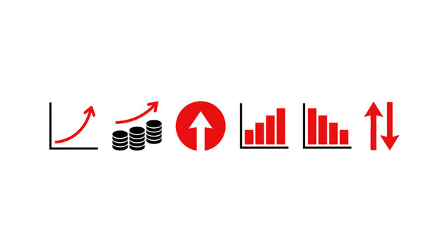Collection of finance icons with charts, arrows, and business growth indicators.