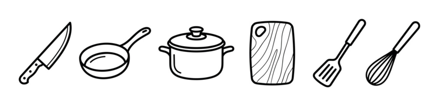 Set of black and white kitchen utensils and cookware including a knife, pan, pot, cutting board, spatula, and whisk in a simple hand-drawn doodle style illustration