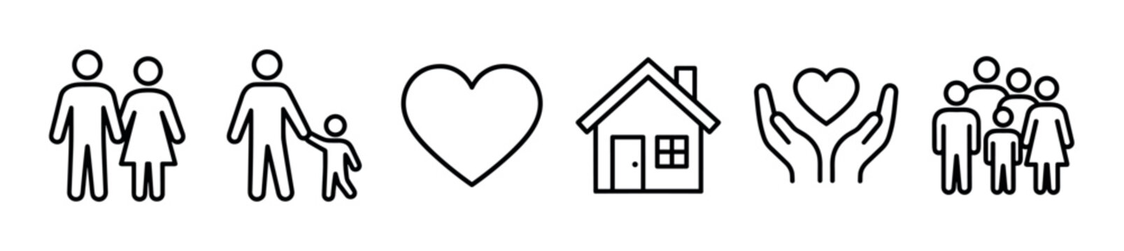 Set of black line icons representing family, love, home, and care concepts, including symbols for a couple, parent and child, a heart, a house, and a community group