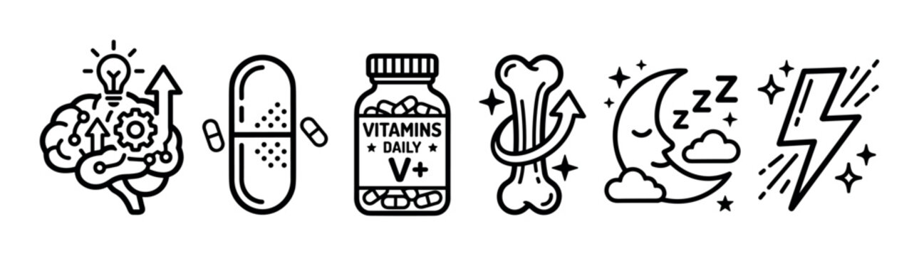 Black and white line art icon set illustrating the benefits of vitamins and supplements for health, including brain function, bone strength, better sleep, and increased energy