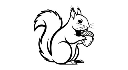 Squirrel holding acorn in its paws black and white line art illustration. © siti