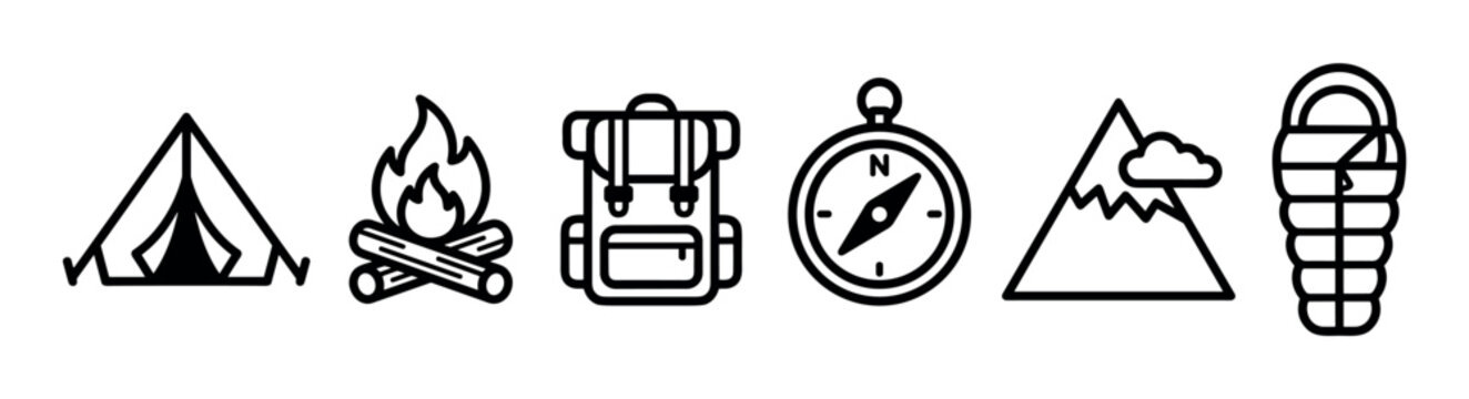 Set of six black line art icons for camping and hiking including a tent, campfire, backpack, compass, mountain, and sleeping bag in a minimalist graphic style
