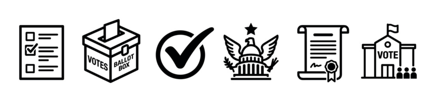 Collection of black line art icons related to voting and government, showing a ballot, ballot box, checkmark, eagle seal, official document, and a polling station