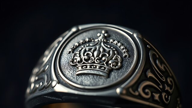 marquis. Close-up of an ornate signet ring with engraved crown emblem on dark background. event programs, museum guides, designed for cultural heritage projects and event programs.
