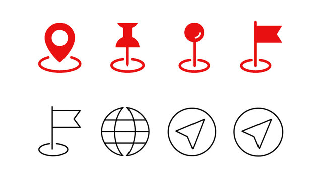 Collection of navigation icons including pins, flags, globe, and direction symbols.