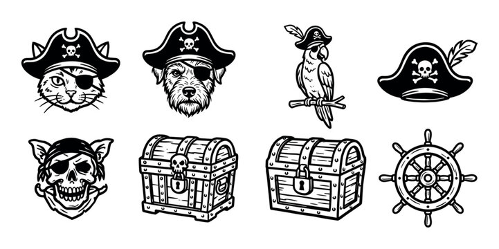 Collection of pirate-themed black line art icons showing a cat and dog with eyepatches, a parrot, a skull, treasure chests, a ship's helm, and a tricorn hat