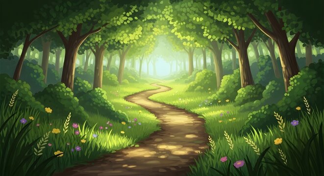 Enchanted forest path with sunlight filtering through green trees. Nature background and peaceful landscape. Winding dirt road through a lush magical woodland with spring flowers