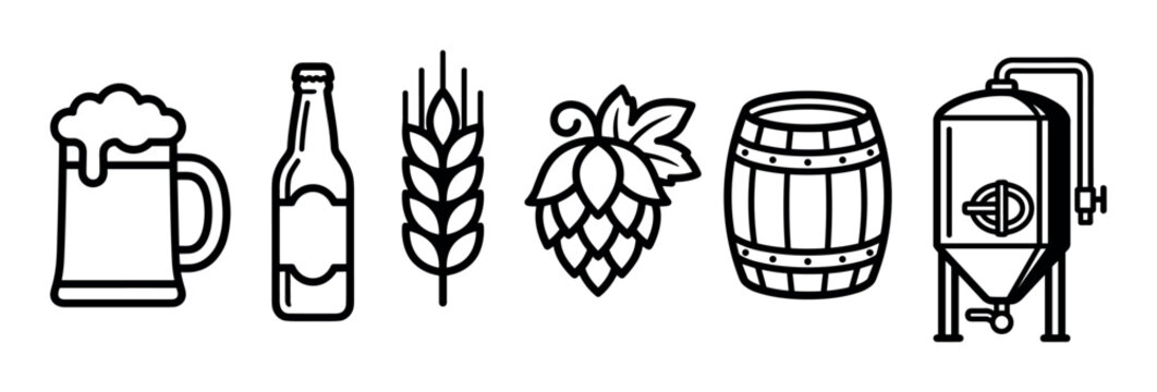 Set of black line art icons representing the beer brewing process and ingredients, including a foamy mug, bottle, barley, hop cone, wooden barrel, and fermentation tank