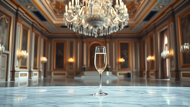 ballroom. An empty ballroom with a grand chandelier and a single champagne flute. bar promotions, beverage menus, designed for food & beverage menus and cafe branding, enhances appetite appeal.