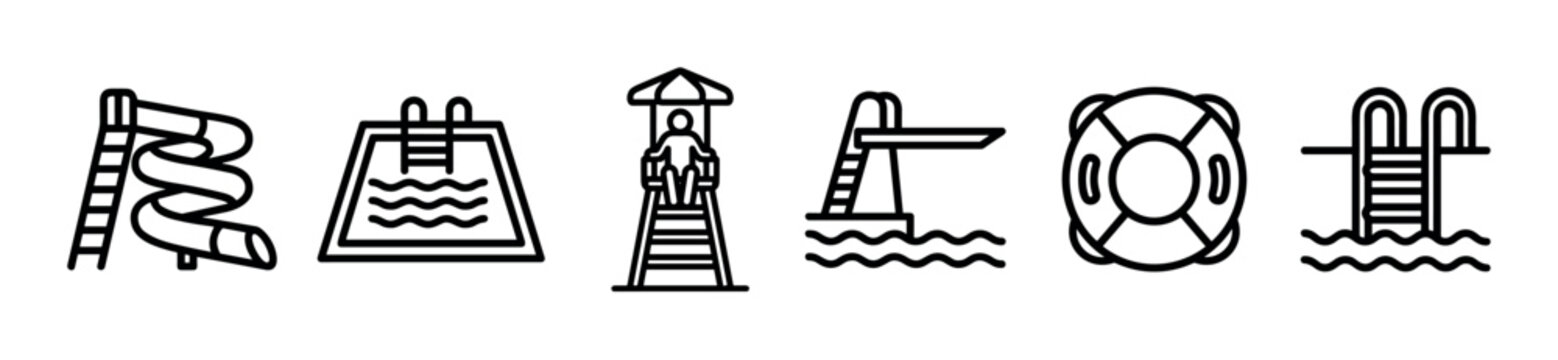 Set of black line icons representing swimming pool and water park elements like a slide, lifeguard, diving board, and lifebuoy for summer recreation and safety themes