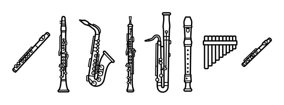 Collection of woodwind musical instruments including a flute, clarinet, saxophone, and bassoon, presented as a minimalist black and white line art icon set for musical concepts