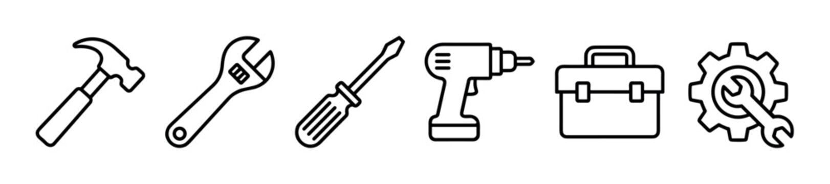 Six minimalist black outline tool icons for repair and maintenance, including a hammer, spanner, screwdriver, power drill, toolbox, and a gear symbol for technical service