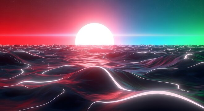 Retro vaporwave ocean waves with a glowing neon sun. Synthwave music and futuristic aesthetics. Digital landscape of red and blue glowing sea under a bright star