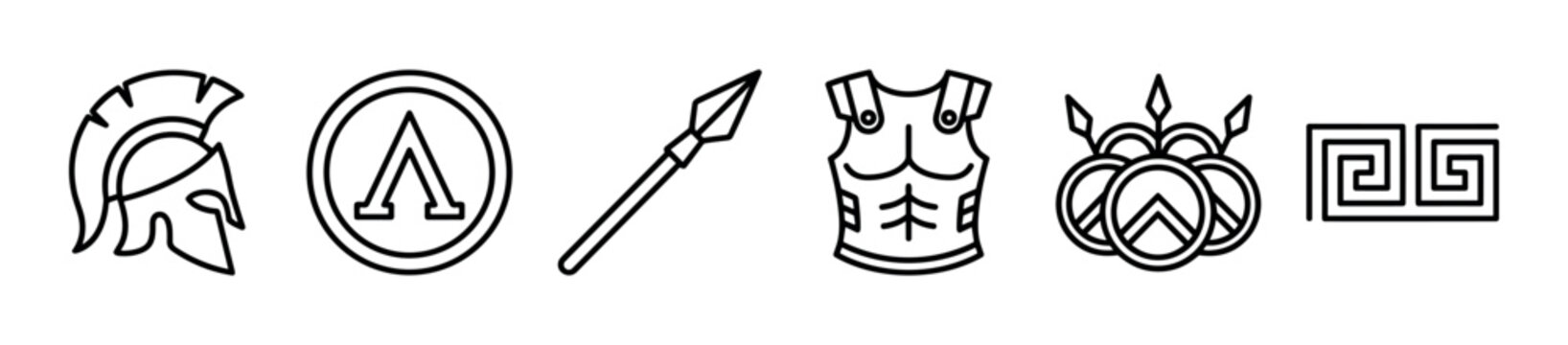 Set of ancient Greek warrior icons featuring a Spartan helmet, shield with lambda, spear, armor, and meander pattern in a clean black and white line art vector style