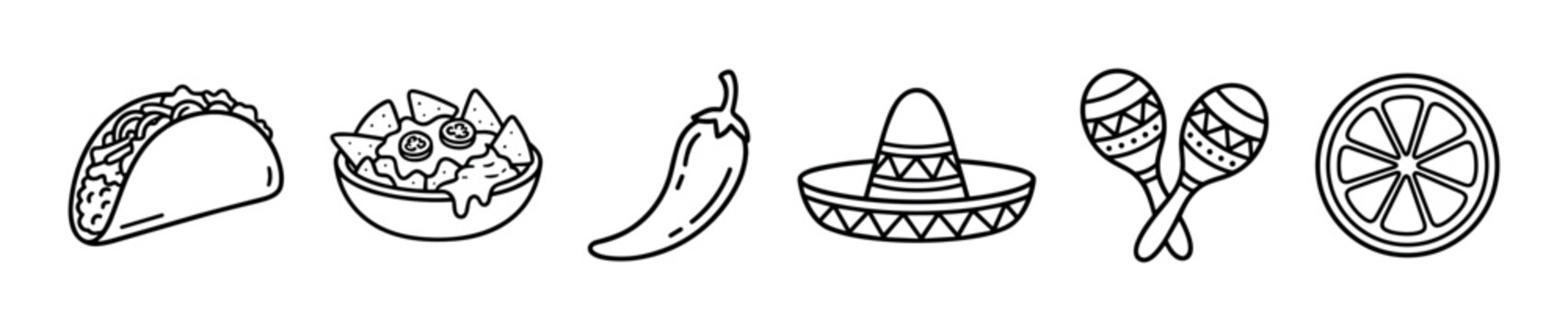 Set of six black line art icons representing Mexican culture and food, including a taco, nachos, chili pepper, sombrero, maracas, and a lime slice in a simple doodle style