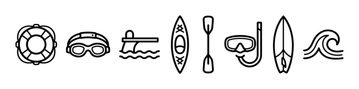 Water sports and summer activity icon set featuring a lifebuoy, goggles, diving board, kayak, paddle, snorkel, surfboard, and wave in a minimalist black line art style