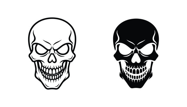 Human skull head illustration icon set for tattoo design and gothic art featuring sharp teeth and aggressive facial features in clean black and white vector graphics