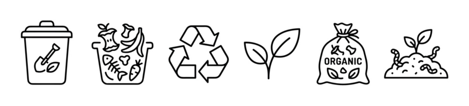 Set of black line art icons for composting and recycling, featuring organic food waste, a compost bin, recycle symbol, and a plant growing in fertile soil with worms