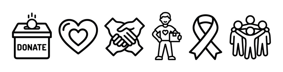 Obraz premium Set of black line art icons for charity and donation concepts including a donation box, heart, handshake, volunteer, awareness ribbon, and community symbol in a clean graphic style
