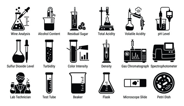 Set of laboratory equipment icons for chemical analysis, scientific research, and quality control processes