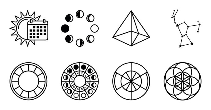 Set of black line art icons featuring astrological and esoteric symbols like the zodiac wheel, moon phases, Orion constellation, and sacred geometry for mystical design concepts
