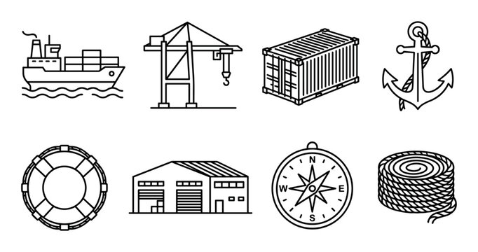 Black and white outline icon set for shipping and logistics, featuring a cargo vessel, harbor crane, container, anchor, lifebuoy, warehouse, compass, and a coiled rope