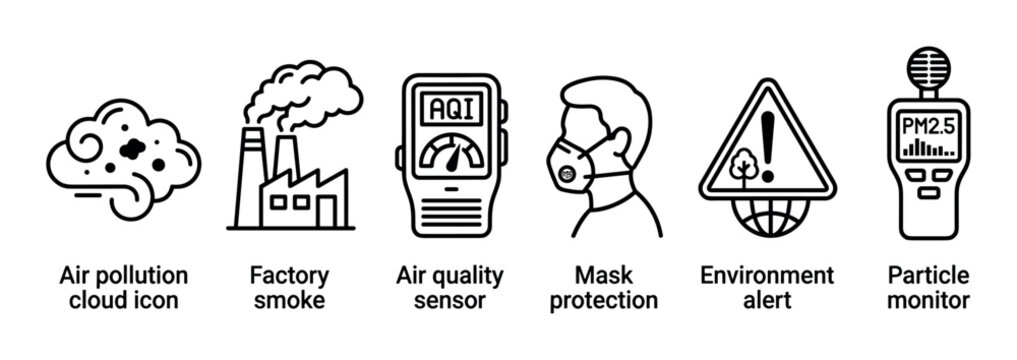 Collection of six minimalist line icons related to air quality and pollution, featuring a factory, smoke cloud, AQI sensor, protective face mask, and environment alert symbol