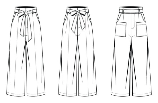 Womens high waist wide leg culottes with pleated front and tie belt technical drawing for clothing design