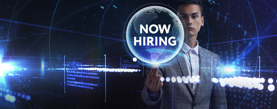 Business, Technology, Internet and network concept. NOW HIRING inscription, modern technology business concept.