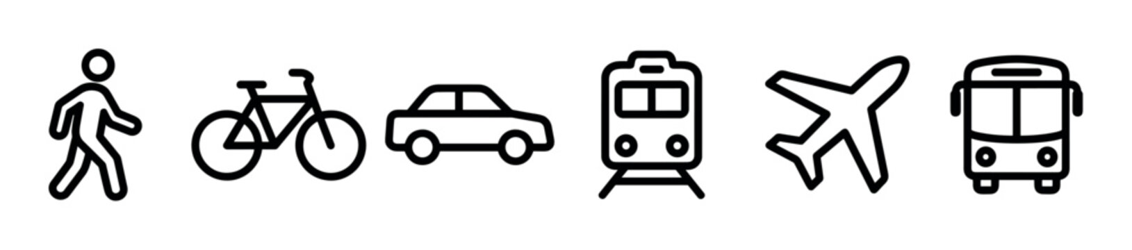 Set of black line icons representing various modes of transportation including a pedestrian, bicycle, car, train, airplane, and bus, illustrating different travel and mobility options