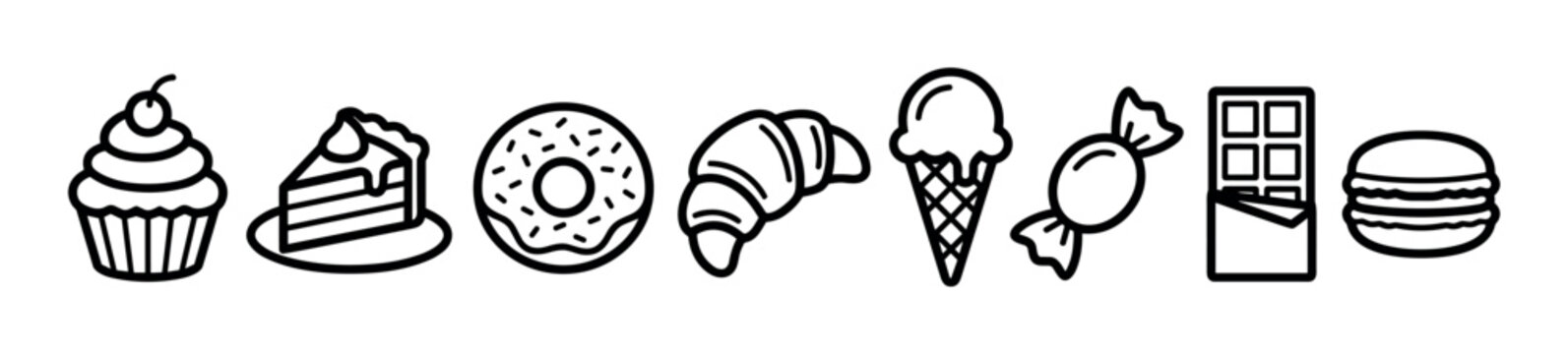 Set of black outline dessert icons featuring a cupcake, cake slice, donut, croissant, ice cream cone, candy, chocolate bar, and macaron in a minimalist graphic style