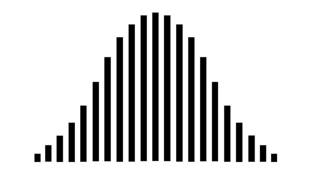 Minimalist vector icon illustration of a normal distribution bell curve represented by a black bar chart, ideal for actuarial science, statistics, data visualization, and business analytics.