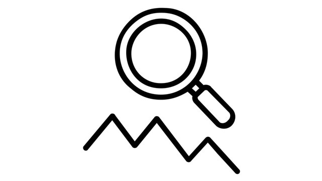 Actuarial Science vector icon illustration featuring a magnifying glass over a line graph or bell curve. Clean line art style, minimalist design for business data analysis, research, and statistics.