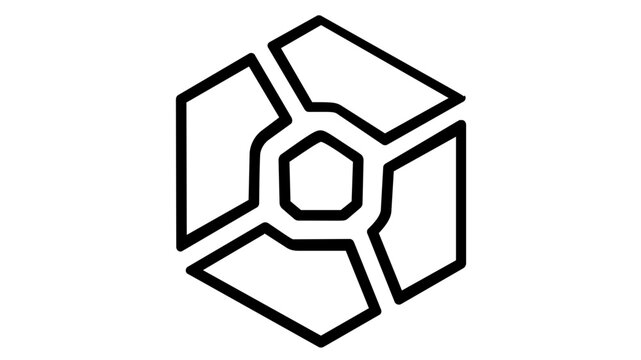 Abstract geometric cube vector icon with central hexagonal core and segmented outer shell, symbolizing blockchain, data networking, software architecture, and modern technology infrastructure.
