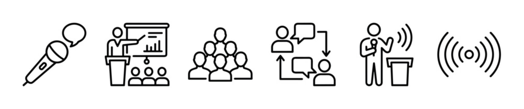 Set of six public speaking icons in a clean line art style, featuring a microphone, presenter with chart, audience, dialogue bubbles, speaker at podium, and sound waves