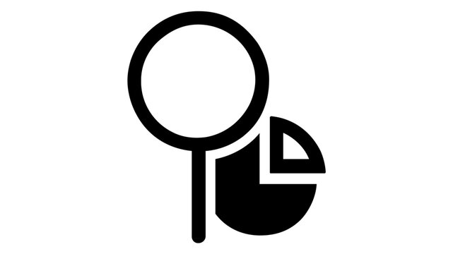 Professional vector icon illustration of a magnifying glass over a pie chart, representing data analysis, actuarial science, financial research, and business statistics in a minimalist style.