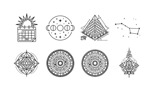 Set of esoteric and mystical symbols in a black line art style, including a pyramid, moon phases, hamsa hand, sacred geometry, and an astrological calendar for spiritual concepts
