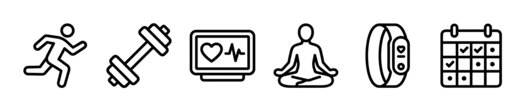 Set of black line art icons for fitness and health concepts, featuring a runner, dumbbell, heart monitor, meditation pose, activity tracker, and workout schedule