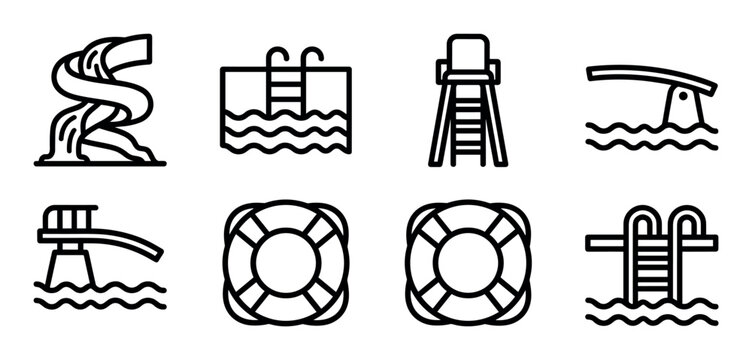 Set of black line icons for swimming pools and water parks showing slides, ladders, a lifeguard chair, a diving board, and lifebuoys in a simple, minimalist graphic style