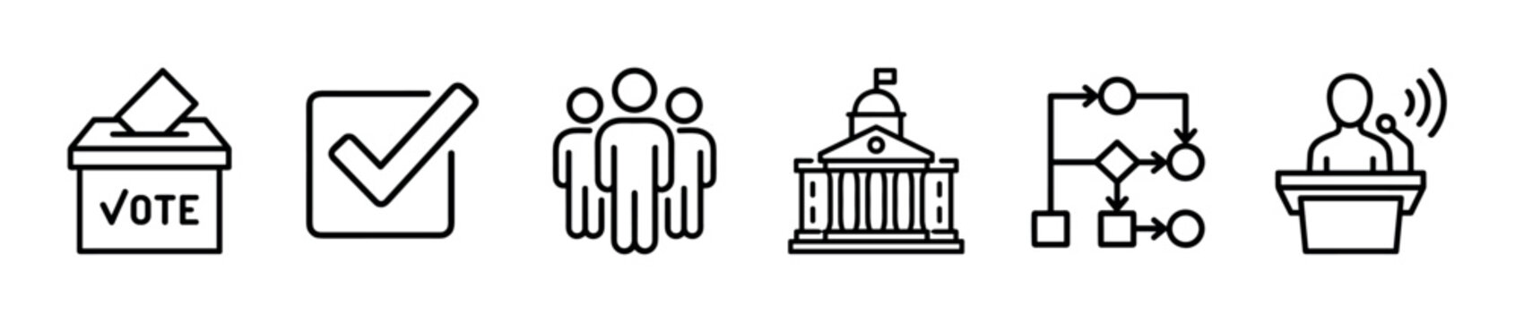 Collection of six minimalist line icons for politics and elections, featuring a ballot box, checkmark, voters, government building, process flowchart, and a public speaker