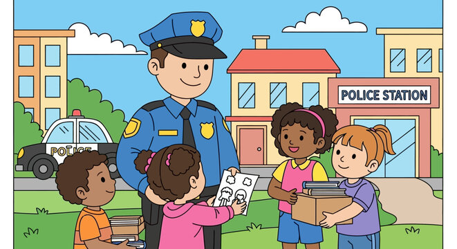 Police Officer with Happy Children.