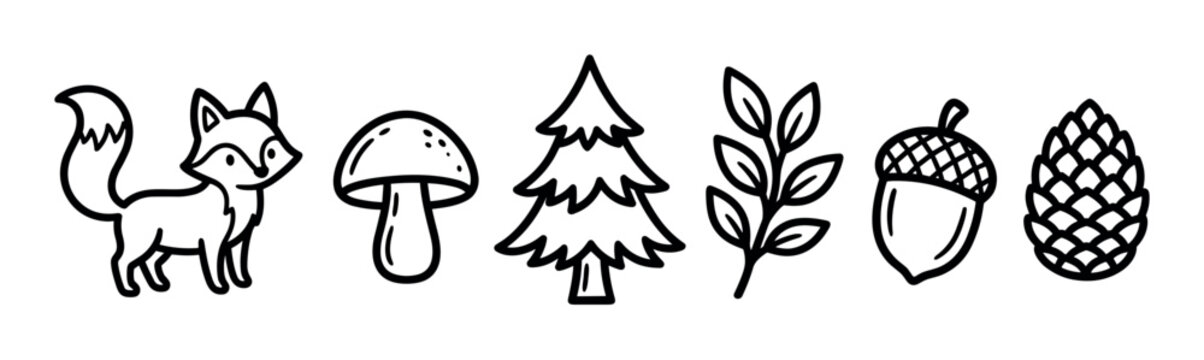 Set of hand-drawn forest elements featuring a cute fox, mushroom, pine tree, leafy branch, acorn, and pinecone in a simple black and white doodle line art style for design