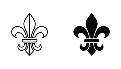 Classic fleur de lis heraldic symbol icon in black and white line art and solid silhouette for luxury branding © Fluid