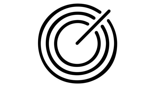 Minimalist black and white vector illustration of a target bullseye icon with concentric circles and a diagonal line, representing focus, goals, radar scanning, and business objectives.